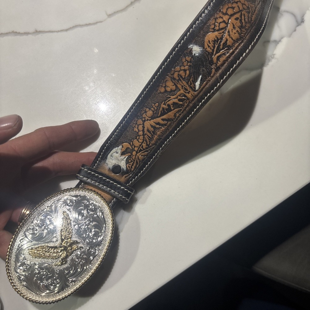 Dixie Leather Belt Size 40 Eagle And Montana Silver Plate Belt Buckle